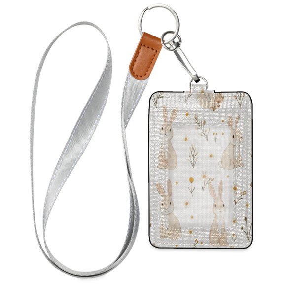 PU Leather ID Badge Holder Stylish Badge Holders with Lanyard (4.3x2.8x0.3in) for Cards & Credentials Beige Bunnies