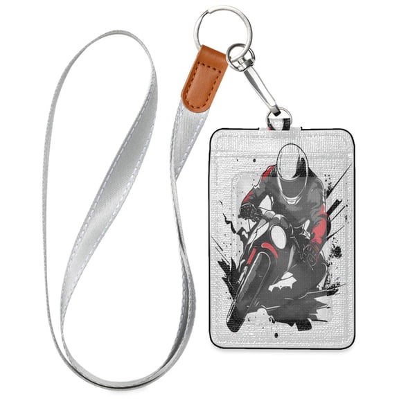 PU Leather ID Badge Holder Stylish Badge Holders with Lanyard (4.3x2.8x0.3in) for Cards & Credentials Black Motorbike Race