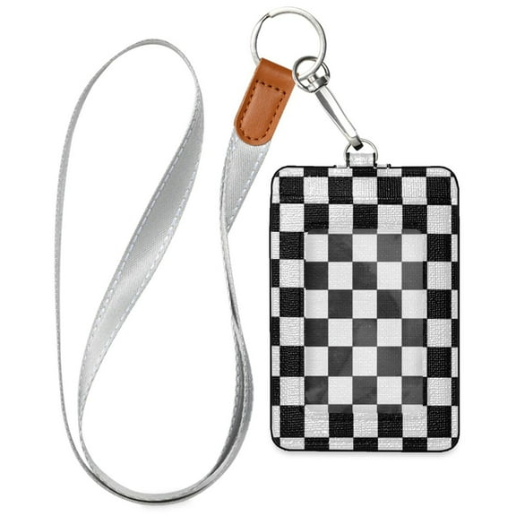 PU Leather ID Badge Holder Stylish Badge Holders with Lanyard (4.3x2.8x0.3in) for Cards & Credentials Black and White Check