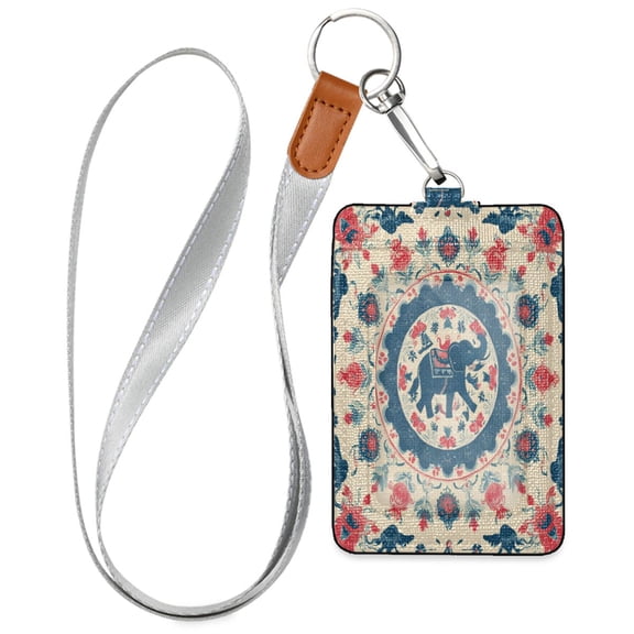 PU Leather ID Badge Holder Stylish Badge Holders with Lanyard (4.3x2.8x0.3in) for Cards & Credentials Blue and Red Tibetan Pattern