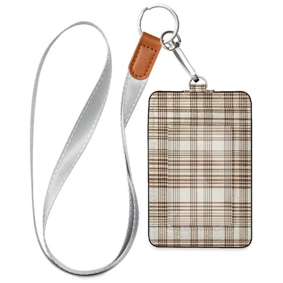 PU Leather ID Badge Holder Stylish Badge Holders with Lanyard (4.3x2.8x0.3in) for Cards & Credentials Brown and White Tartan