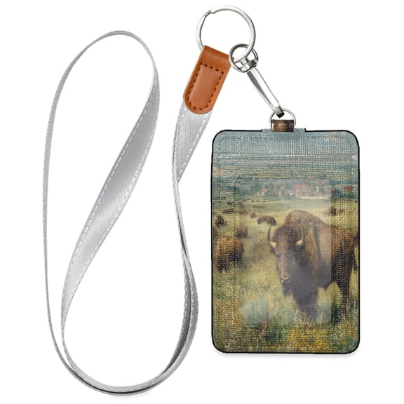 PU Leather ID Badge Holder Stylish Badge Holders with Lanyard (4.3x2.8x0.3in) for Cards & Credentials Buffalo Herd Oil Painting
