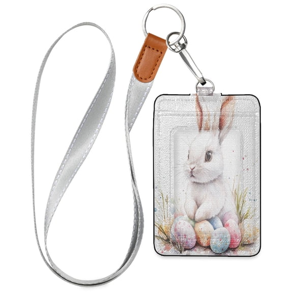 PU Leather ID Badge Holder Stylish Badge Holders with Lanyard (4.3x2.8x0.3in) for Cards & Credentials Bunny with Colorful Easter Eggs