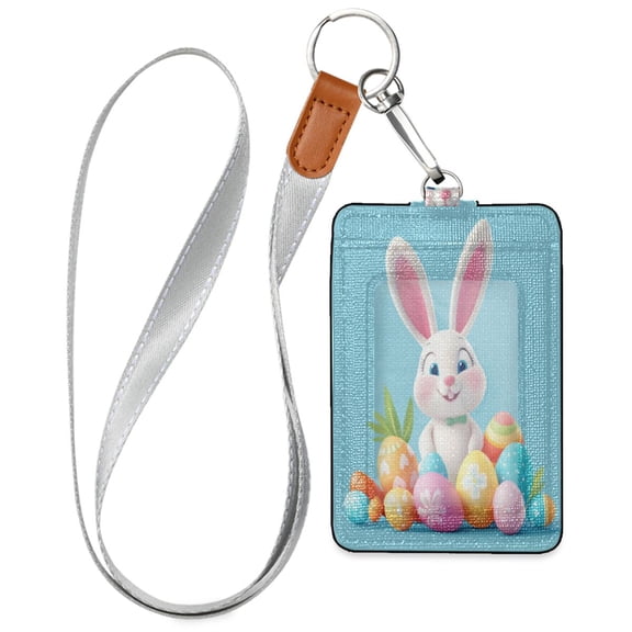 PU Leather ID Badge Holder Stylish Badge Holders with Lanyard (4.3x2.8x0.3in) for Cards & Credentials Cartoon Colorful Eggs and Bunny