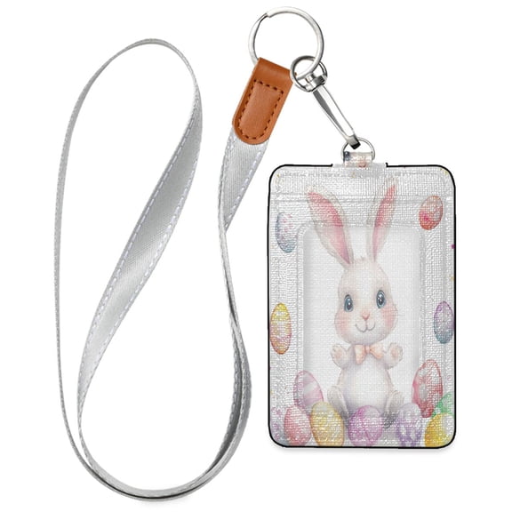 PU Leather ID Badge Holder Stylish Badge Holders with Lanyard (4.3x2.8x0.3in) for Cards & Credentials Cartoon Easter Bunny and Eggs