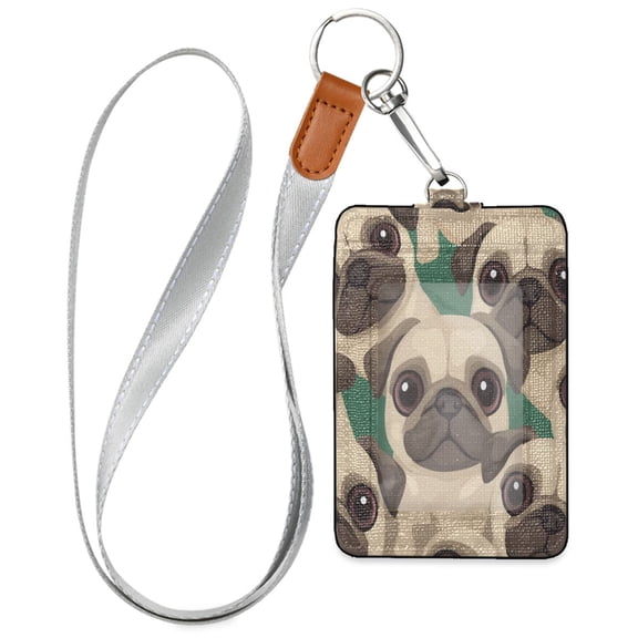 PU Leather ID Badge Holder Stylish Badge Holders with Lanyard (4.3x2.8x0.3in) for Cards & Credentials Cartoon-style Beige Pugs
