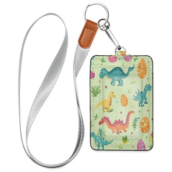 PU Leather ID Badge Holder Stylish Badge Holders with Lanyard (4.3x2.8x0.3in) for Cards & Credentials Colorful Dinosaurs and Eggs