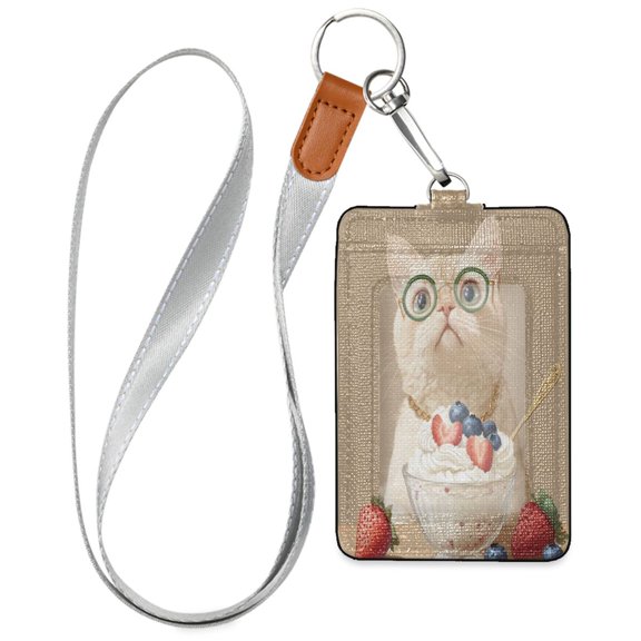 PU Leather ID Badge Holder Stylish Badge Holders with Lanyard (4.3x2.8x0.3in) for Cards & Credentials Cream-colored Cat
