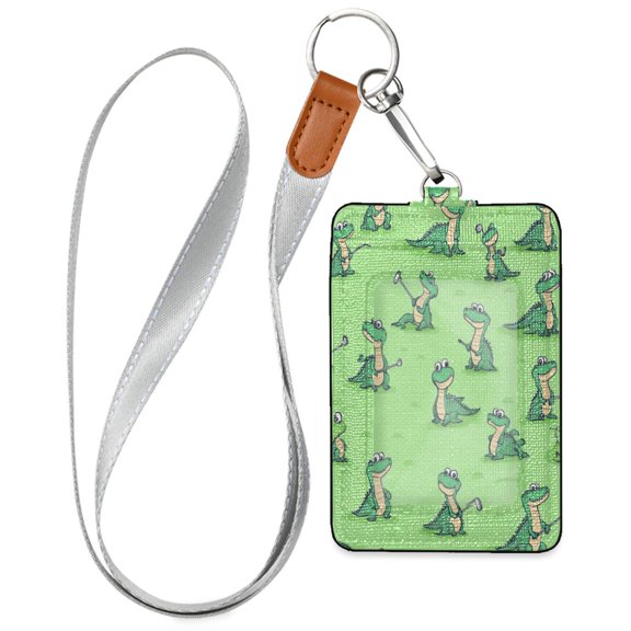 PU Leather ID Badge Holder Stylish Badge Holders with Lanyard (4.3x2.8x0.3in) for Cards & Credentials Cute Cartoon Alligator