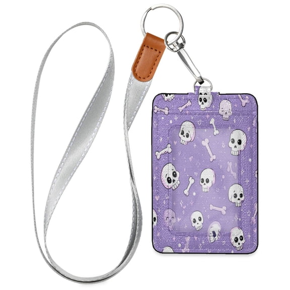 PU Leather ID Badge Holder Stylish Badge Holders with Lanyard (4.3x2.8x0.3in) for Cards & Credentials Cute Skulls and Bones