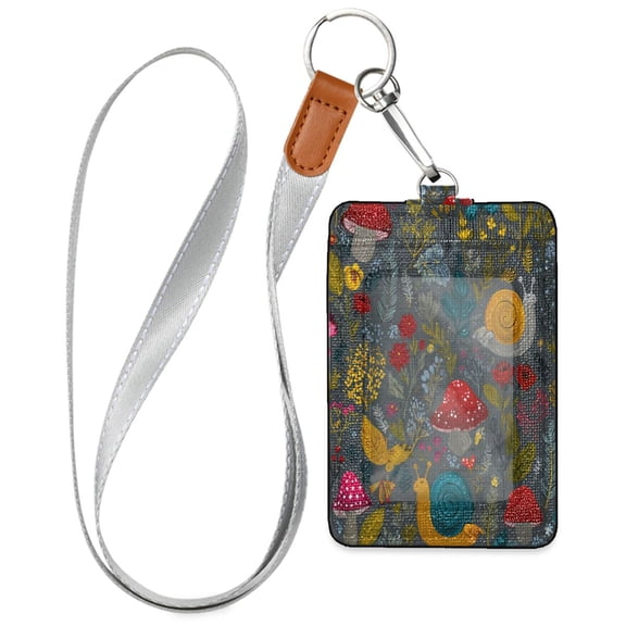 PU Leather ID Badge Holder Stylish Badge Holders with Lanyard (4.3x2.8x0.3in) for Cards & Credentials Cute Snails and Mushrooms