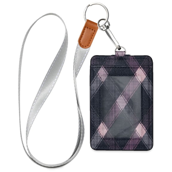 PU Leather ID Badge Holder Stylish Badge Holders with Lanyard (4.3x2.8x0.3in) for Cards & Credentials Dark Blue and Purple Tartan