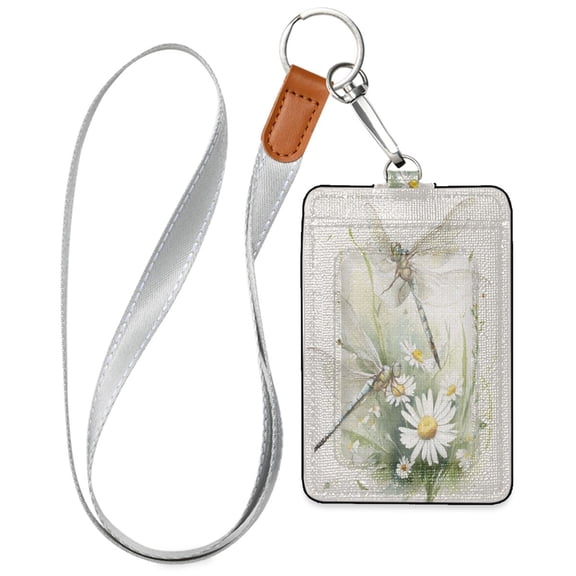 PU Leather ID Badge Holder Stylish Badge Holders with Lanyard (4.3x2.8x0.3in) for Cards & Credentials Dragonflies with White Daisies