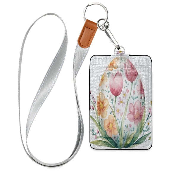 PU Leather ID Badge Holder Stylish Badge Holders with Lanyard (4.3x2.8x0.3in) for Cards & Credentials Easter Egg with Tulips