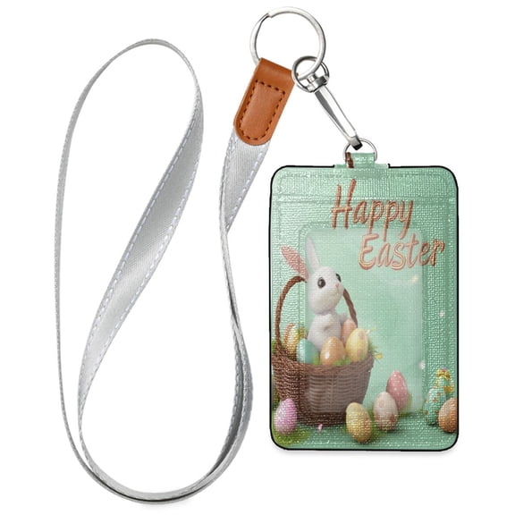 PU Leather ID Badge Holder Stylish Badge Holders with Lanyard (4.3x2.8x0.3in) for Cards & Credentials Egg Basket and Bunny