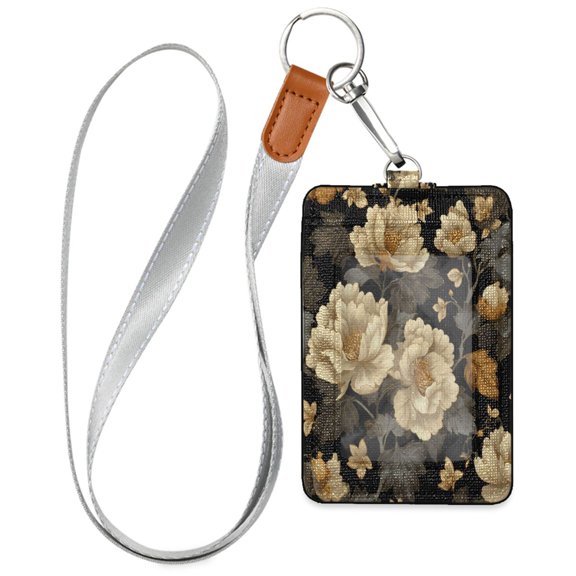 PU Leather ID Badge Holder Stylish Badge Holders with Lanyard (4.3x2.8x0.3in) for Cards & Credentials Elegant Beige Floral
