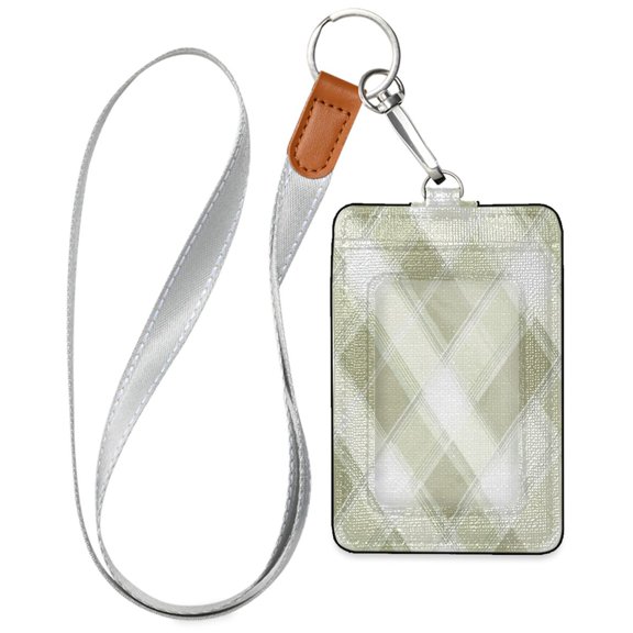 PU Leather ID Badge Holder Stylish Badge Holders with Lanyard (4.3x2.8x0.3in) for Cards & Credentials Green and White Tartan