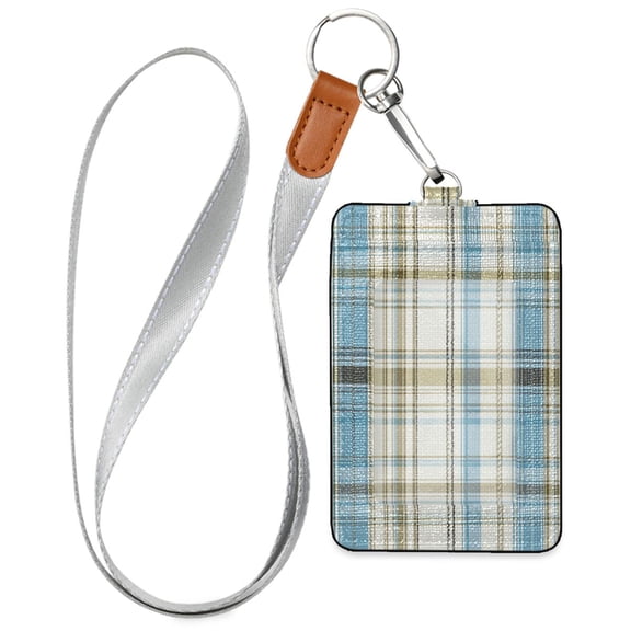 PU Leather ID Badge Holder Stylish Badge Holders with Lanyard (4.3x2.8x0.3in) for Cards & Credentials Light Blue and Brown Tartan