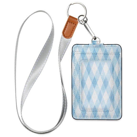 PU Leather ID Badge Holder Stylish Badge Holders with Lanyard (4.3x2.8x0.3in) for Cards & Credentials Light Blue and White Tartan