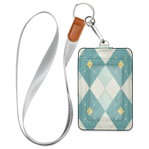 PU Leather ID Badge Holder Stylish Badge Holders with Lanyard (4.3x2.8x0.3in) for Cards & Credentials Light Teal Argyle