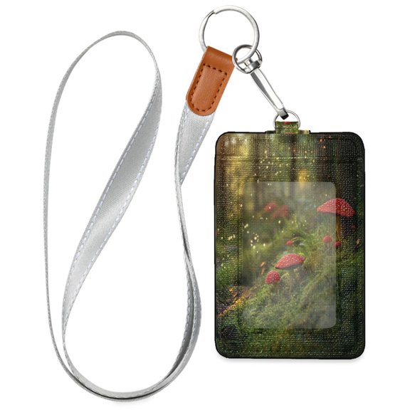 PU Leather ID Badge Holder Stylish Badge Holders with Lanyard (4.3x2.8x0.3in) for Cards & Credentials Moss and Red Mushrooms