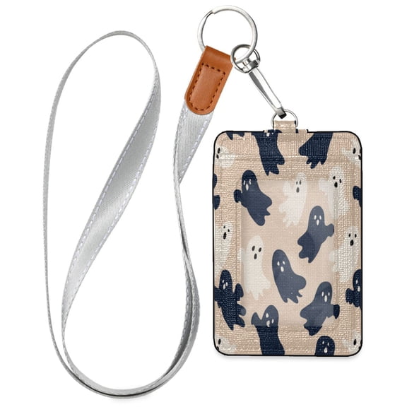 PU Leather ID Badge Holder Stylish Badge Holders with Lanyard (4.3x2.8x0.3in) for Cards & Credentials Navy and Cream Ghost