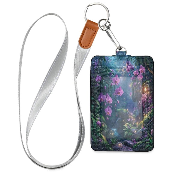 PU Leather ID Badge Holder Stylish Badge Holders with Lanyard (4.3x2.8x0.3in) for Cards & Credentials Orchid Forest Scene