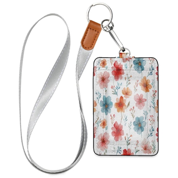 PU Leather ID Badge Holder Stylish Badge Holders with Lanyard (4.3x2.8x0.3in) for Cards & Credentials Pastel Watercolor Floral Pattern