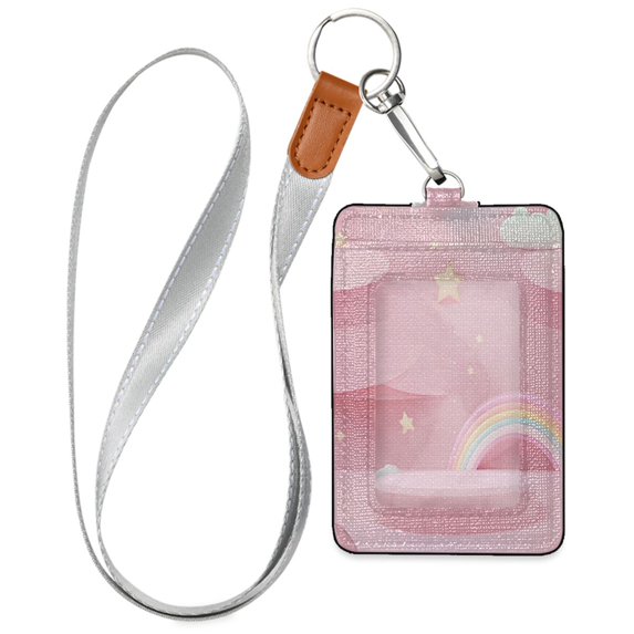 PU Leather ID Badge Holder Stylish Badge Holders with Lanyard (4.3x2.8x0.3in) for Cards & Credentials Pink Background Rainbow
