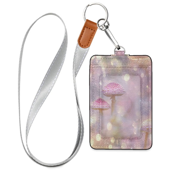 PU Leather ID Badge Holder Stylish Badge Holders with Lanyard (4.3x2.8x0.3in) for Cards & Credentials Pink Fantasy Mushroom