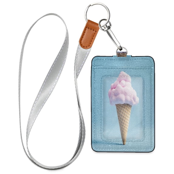 PU Leather ID Badge Holder Stylish Badge Holders with Lanyard (4.3x2.8x0.3in) for Cards & Credentials Pink Ice Cream Cone