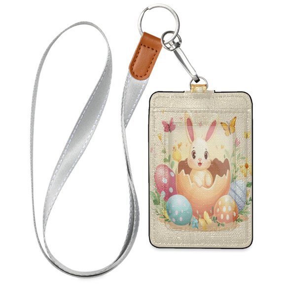 PU Leather ID Badge Holder Stylish Badge Holders with Lanyard (4.3x2.8x0.3in) for Cards & Credentials Rabbits in Eggshells