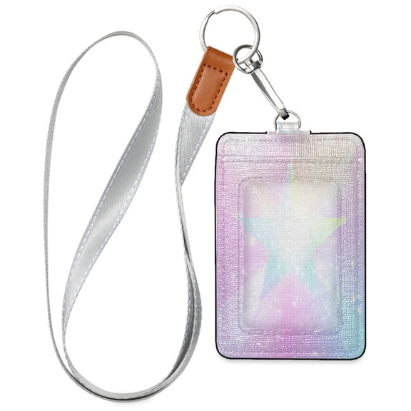 PU Leather ID Badge Holder Stylish Badge Holders with Lanyard (4.3x2.8x0.3in) for Cards & Credentials Rainbow Gradient Stars