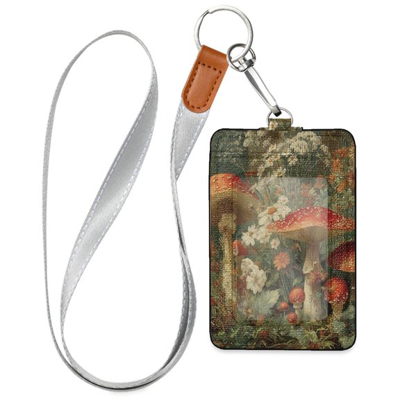 PU Leather ID Badge Holder Stylish Badge Holders with Lanyard (4.3x2.8x0.3in) for Cards & Credentials Red Mushrooms