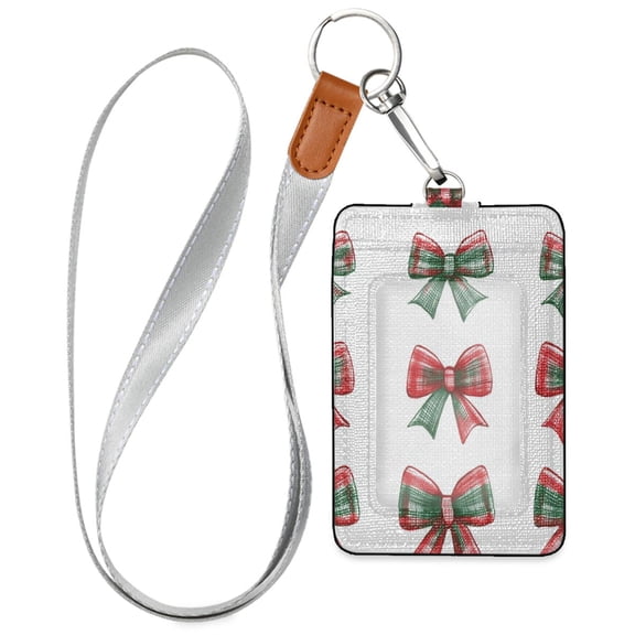 PU Leather ID Badge Holder Stylish Badge Holders with Lanyard (4.3x2.8x0.3in) for Cards & Credentials Red and Green Tartan Bow