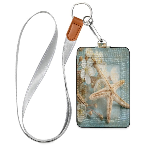 PU Leather ID Badge Holder Stylish Badge Holders with Lanyard (4.3x2.8x0.3in) for Cards & Credentials Starfish with Flowers