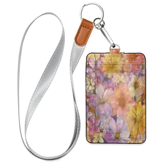 PU Leather ID Badge Holder Stylish Badge Holders with Lanyard (4.3x2.8x0.3in) for Cards & Credentials Summer Blossoms