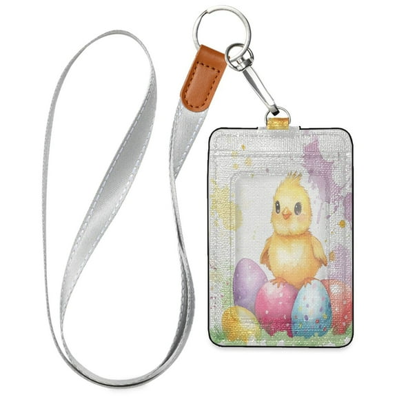 PU Leather ID Badge Holder Stylish Badge Holders with Lanyard (4.3x2.8x0.3in) for Cards & Credentials Watercolor Cute Chick