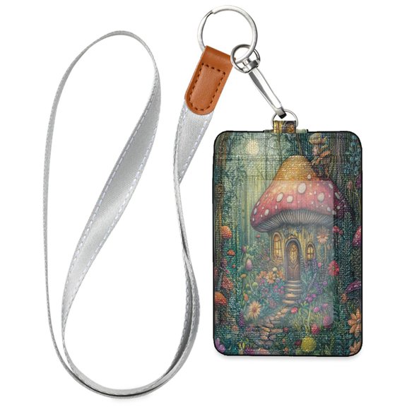 PU Leather ID Badge Holder Stylish Badge Holders with Lanyard (4.3x2.8x0.3in) for Cards & Credentials Whimsical Mushroom House