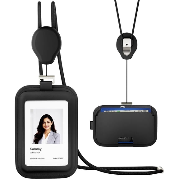 PU Leather ID Badge Holder with Lanyard, Retractable Reel & Cover