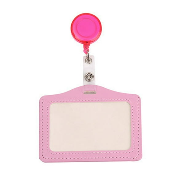 PU Leather ID Badge Holders with Retractable Reel, Horizontal Name Card Sleeves, Durable Clip-On Design for Work/Events (Pink/1 Pcs) 4.06x3.15"