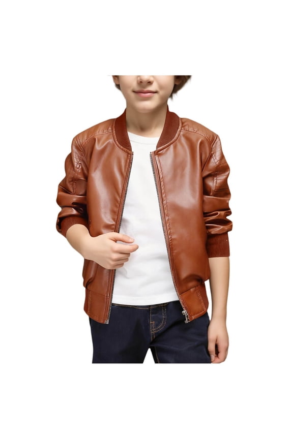 PU Leather Jackets for Boys Full Zip Up Motorcycle Fleece Lined Coat Solid Color Lightweight Outerwear with Pockets 2-16 Years
