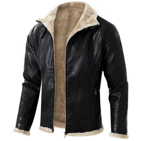 PU-Leather Jackets for Men Fleece Lined Zip-Up Collared Coats Mens Trendy Solid Color Long Sleeve Thermal Warm Sherpa Motorcycle Outerwear Jacket