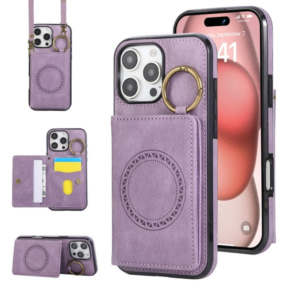 PU Leather Kickstand Case for iPhone 11 Pro Max, Credit Card Slots & Adjustable Crossbody Strap, Support Magnetic Car Mount, Drop Protective & Elegant Phone Cover for iPhone 11 Pro Max, Purple