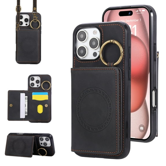 PU Leather Kickstand Case for iPhone 15 Pro Max, Credit Card Slots & Adjustable Crossbody Strap, Support Magnetic Car Mount, Drop Protective & Elegant Phone Cover for iPhone 15 Pro Max, Black
