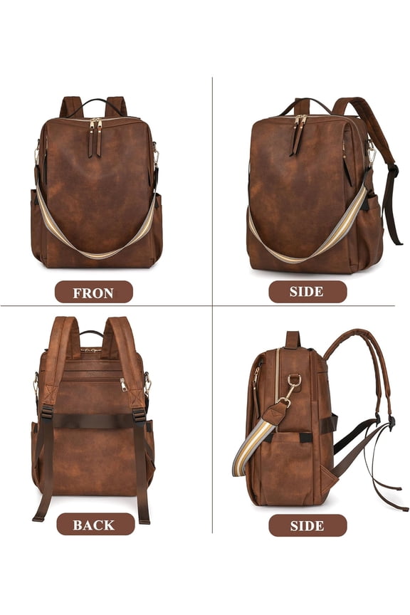 PU Leather Large Backpack Purse for Women Casual Travel Backpack Convertible Satchel Handbags With Luggage Strap (Dark brown)