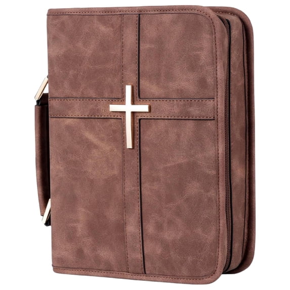 PU Leather Large Bible Bag, 10.6×8×2.4 inch Bible Cover Holder Bag Case, Cross Design Bible Protector with Handle and Zipper Closure, Bible Carrying Case with Cross Design for Church, Brown