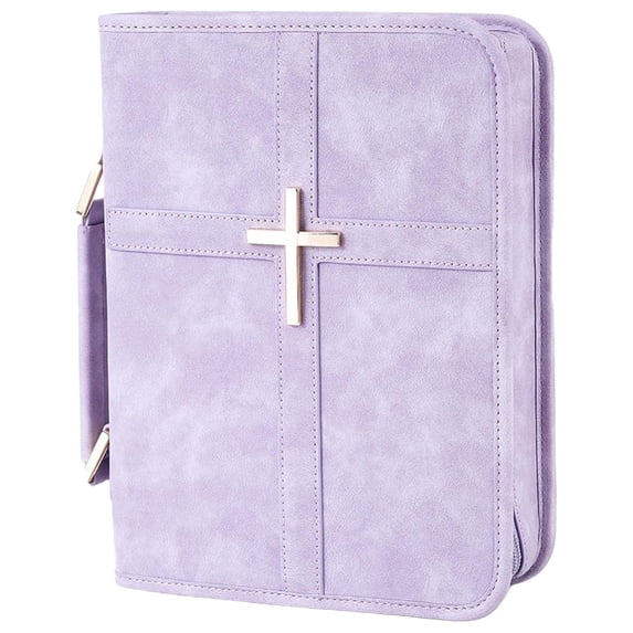 PU Leather Large Bible Bag, 10.6×8×2.4 inch Bible Cover Holder Bag Case, Cross Design Bible Protector with Handle and Zipper Closure, Bible Carrying Case with Cross Design for Church, Light Violet