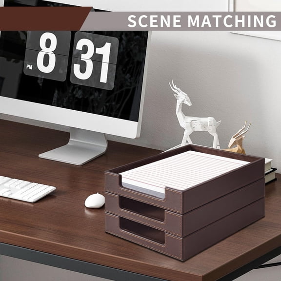 PU Leather Letter Tray - Load Documents Trays Front for Office Desktop Organizer - Desk Magazine, File, A4 Paper Holder - Paper Document File Holder Drak Brown
