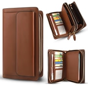 PU Leather Long Business Wallet for Men, Mens Double Zipper Clutch Bag, Business Hand Clutch Bag for Women, Large Cell Phone Purse for Business Card, Passport, Money, and Check, Brown